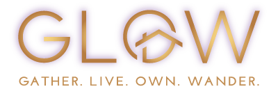 gold GLOW logo with Gather. Live. Own. Wander.